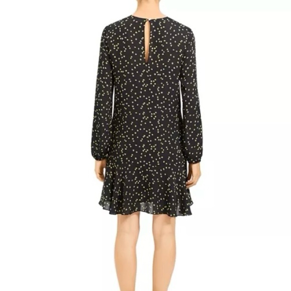 Theory Silk Star Print Shift Flounce Hem Long Sleeve Dress Size 10 - Picture 2 of 10